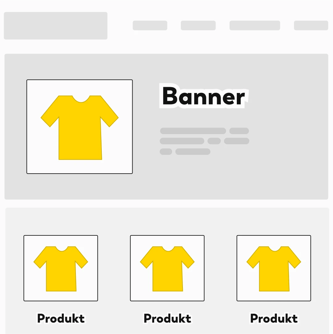 Makieta strony internetowej przedstawia baner z ikoną żółtej koszulki i tekstem, a także trzy karty produktów poniżej, z których każda przedstawia żółtą koszulkę i słowo "Produkt" pod spodem. Układ jest prosty i minimalistyczny.