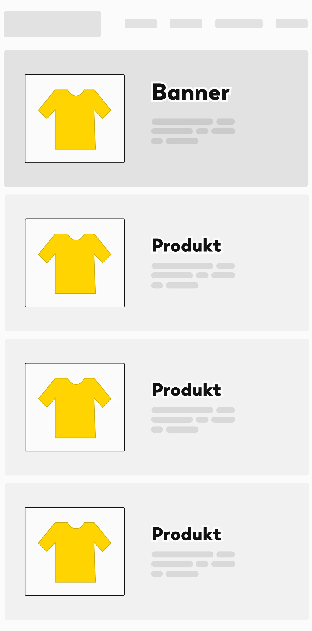 Układ strony internetowej wyświetlający trzy żółte ikony koszulek z symbolami zastępczymi oznaczonymi Banner i Produkt obok każdej koszulki, sugerujący listę produktów lub reklamy.