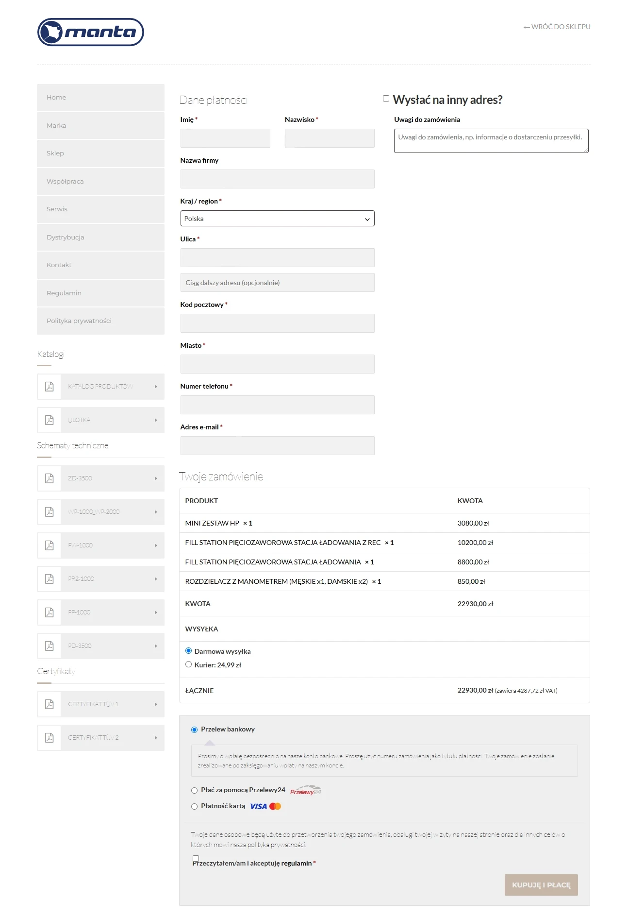 Zrzut ekranu polskiej strony kasy online przedstawiający pola formularza danych rozliczeniowych, opcję adresu wysyłki, podsumowanie zamówienia z nazwami produktów, ilościami, cenami, całkowitym kosztem i wyborem metody płatności.