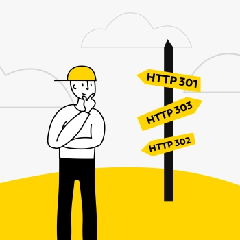 Osoba w żółtym kapeluszu patrzy na drogowskaz ze znakami HTTP 301, HTTP 302 i HTTP 303, obok paska wyszukiwania z http://mojastrona.pl i ikoną wyszukiwania.