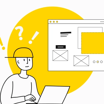 Ilustracja przedstawiająca osobę w kasku ochronnym korzystającą z laptopa, patrzącą na duży szkielet strony internetowej z wyróżnioną żółtą sekcją, na jasnożółtym tle ze znakami zapytania.