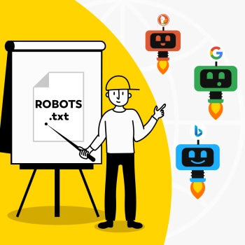 Osoba w kasku wskazuje na flipchart oznaczony ROBOTS.txt na żółtym tle. Po prawej stronie trzy ikony robotów oznaczone Google, DuckDuckGo i Bing unoszą się nad konturem kuli ziemskiej.