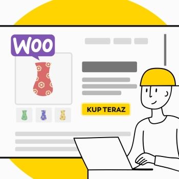 Ilustracja osoby z laptopem przeglądającej sklep internetowy z podświetlonym przyciskiem "KUP TERAZ" (Kup teraz), logo WooCommerce i zdjęciami kolorowych wazonów na stronie produktu.