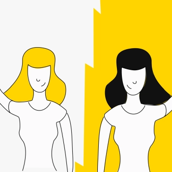 Dwie zilustrowane kobiety falują, jedna z żółtymi włosami na białym tle, a druga z czarnymi włosami na żółtym tle. Zygzakowata linia dzieli obraz na pół.