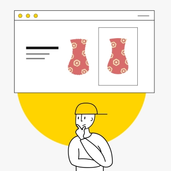 Ilustracja przedstawiająca osobę w żółtym kapeluszu, patrzącą w zamyśleniu na ekran komputera wyświetlający dwa wzorzyste różowe wazony na żółtym okrągłym tle.