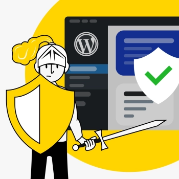 Ilustracja pulpitu WordPress z tarczą i znacznikiem wyboru na pierwszym planie, obok rysunkowego rycerza trzymającego złotą tarczę i miecz, symbolizujące bezpieczeństwo i ochronę witryny.