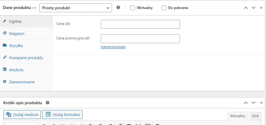 Panel wprowadzania danych produktu w języku polskim, pokazujący pola ceny, ceny sprzedaży oraz zakładki zapasów, wysyłki, powiązanych produktów, atrybutów i opcji zaawansowanych. Poniżej znajduje się również krótki opis produktu.