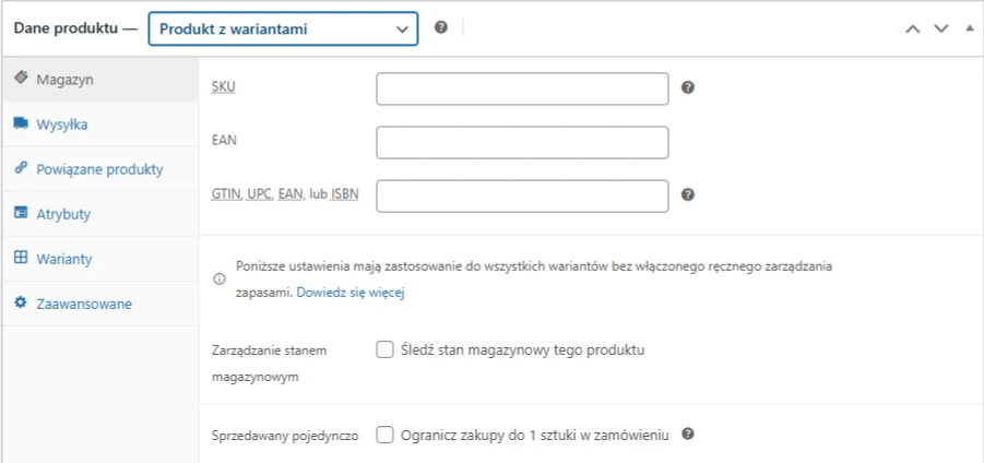 Zrzut ekranu strony ustawień produktu w języku polskim, pokazujący pola SKU, EAN i GTIN/UPC/EAN/ISBN, z opcjami zarządzania zapasami i ustawieniami śledzenia zapasów i ograniczania zakupów.