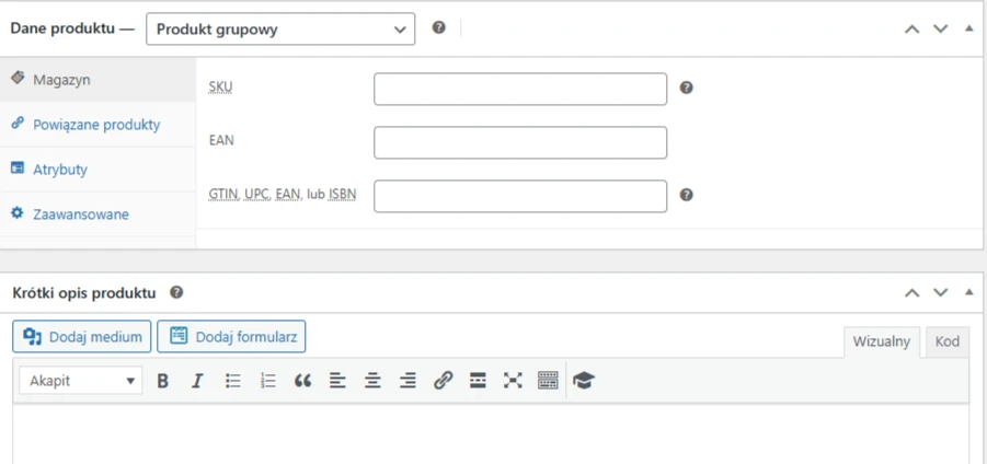 Interfejs wprowadzania danych produktu w języku polskim z polami na SKU, EAN, GTIN/UPC/ISBN oraz sekcją na krótki opis produktu z narzędziami do edycji tekstu.