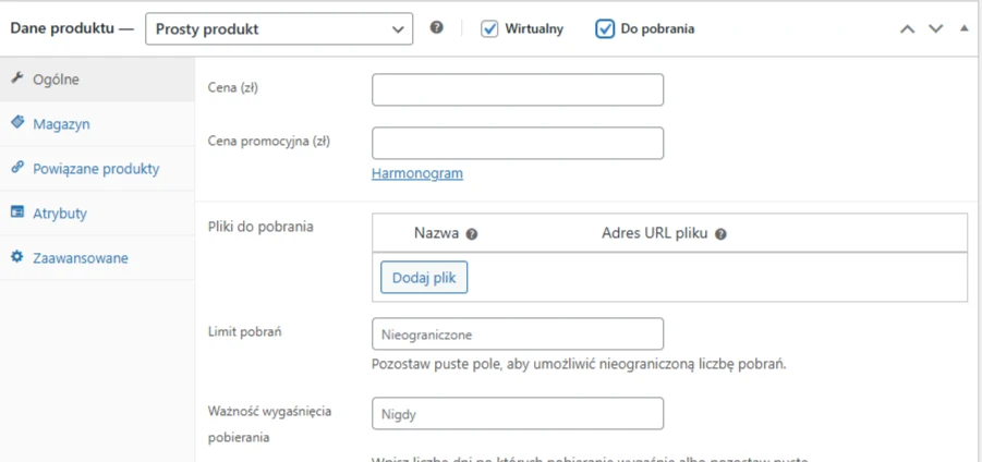 Panel ustawień danych produktu w języku polskim pokazujący pola ceny, ceny sprzedaży, plików do pobrania, limitu pobierania i wygaśnięcia pobierania z przyciskami i rozwijanymi menu do konfiguracji.