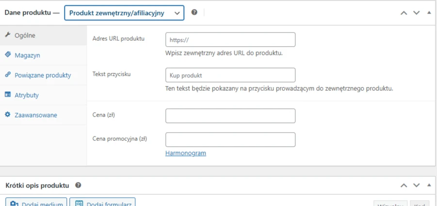 Zrzut ekranu strony ustawień produktu w języku polskim pokazujący pola zewnętrznego adresu URL produktu, tekstu przycisku, ceny, ceny sprzedaży i linku oznaczonego Harmonogram w zakładce Produkt zewnętrzny/powiązany.