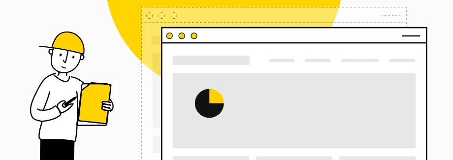Ilustracja przedstawiająca osobę w żółtym kapeluszu trzymającą schowek i ołówek, stojącą obok dużego okna przeglądarki internetowej wyświetlającego wykres kołowy; żółte akcenty w tle.
