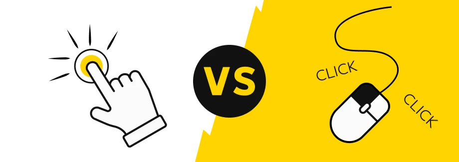 Ilustracja porównująca dłoń naciskającą przycisk po lewej stronie z myszą komputerową klikającą po prawej stronie, przedzielone żółtym i białym tłem oraz "VS" w środku.