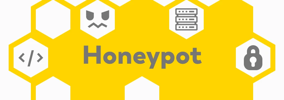 Żółty wzór plastra miodu z napisem Honeypot w środku. Otaczające sześciokąty zawierają ikony: nawiasy kodowe, wściekłą twarz, stos serwerów i kłódkę, wszystkie w kolorze szarym.