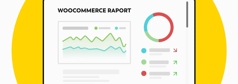 Stylizowany ekran cyfrowy z tytułem Raport WooCommerce, zawierający wykres liniowy, kolorowy wykres kołowy i pozycje listy kontrolnej ze strzałkami w górę i w dół. Tło jest żółte.
