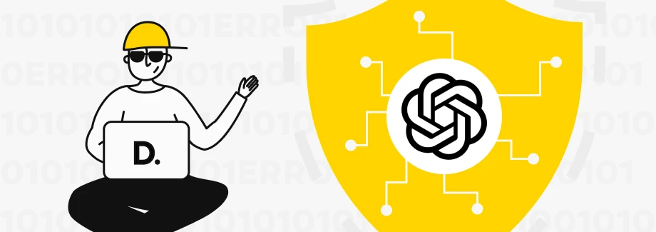 Ilustrowana osoba w żółtym kasku i okularach przeciwsłonecznych siedzi ze skrzyżowanymi nogami z laptopem oznaczonym literą D. Obok znajduje się duża żółta tarcza z projektem sieci i logo OpenAI pośrodku.