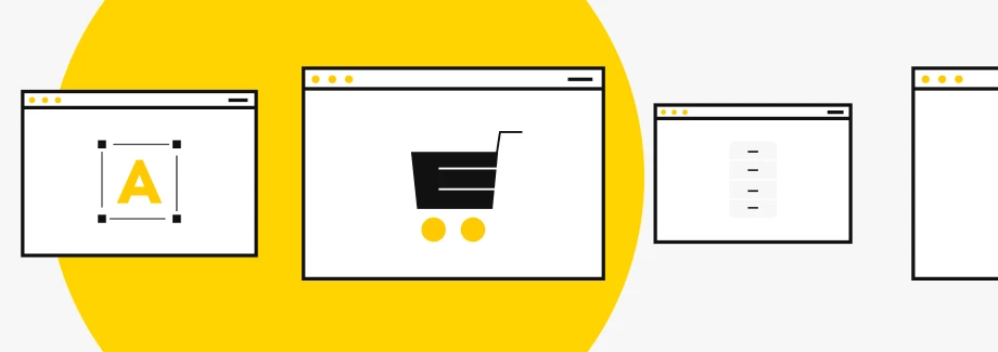 Cztery stylizowane okna przeglądarki na żółtym i białym tle przedstawiają różne ikony: literę A, koszyk na zakupy, menu i listę, reprezentujące różne funkcje lub narzędzia witryny.