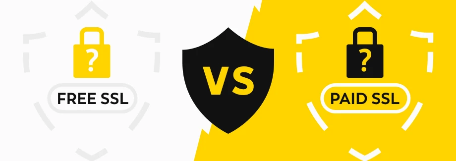 Grafika porównuje darmowe SSL i płatne SSL. Po lewej żółta kłódka ze znakiem zapytania i Free SSL; po prawej czarna kłódka ze znakiem zapytania i Paid SSL; duża tarcza VS pośrodku.