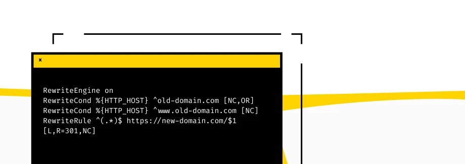 Fragment kodu w czarnym oknie z żółtym górnym paskiem pokazuje przekierowanie .htaccess ze starej-domeny.com do nowej-domeny.com przy użyciu dyrektyw RewriteEngine i RewriteCond. Żółte linie zdobią białe tło.