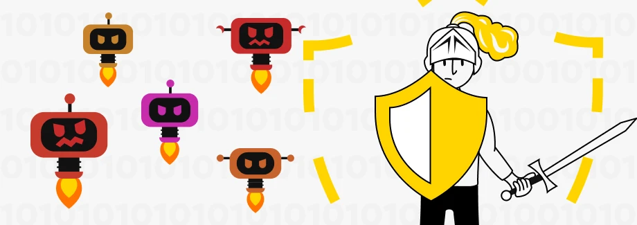 Rycerz z żółtą tarczą i mieczem broni się przed pięcioma latającymi robotami o wściekłych twarzach z silnikami rakietowymi, na tle kodu binarnego.