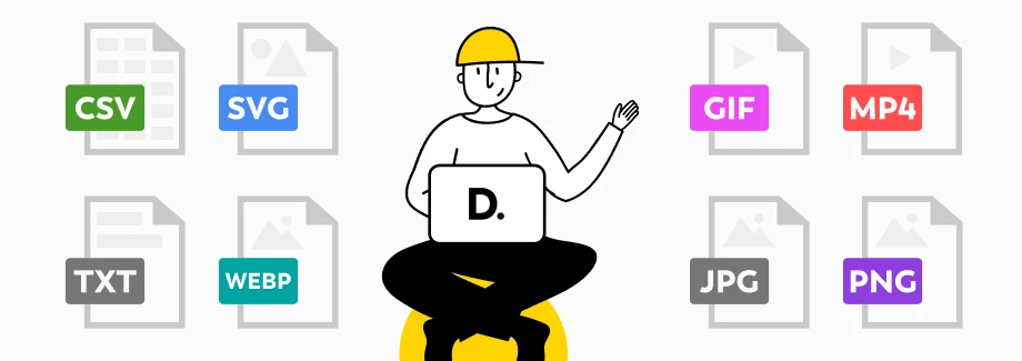 Ilustracja osoby z laptopem otoczonym ikonami różnych formatów plików, w tym CSV, SVG, TXT, WEBP, GIF, MP4, JPG i PNG, reprezentujących różne typy plików cyfrowych.