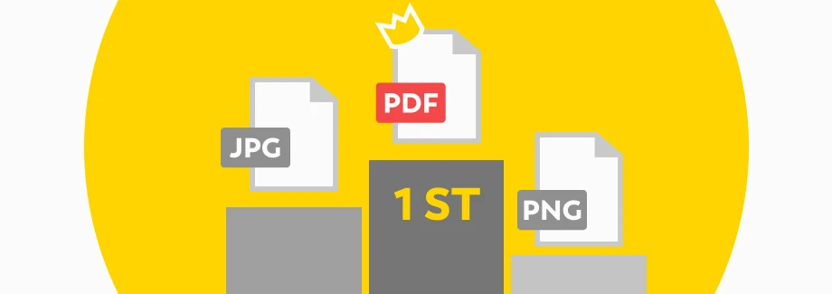 Ilustracja trzech dokumentów na podium zwycięzców: PDF na pierwszym miejscu z koroną, JPG na drugim i PNG na trzecim, na żółtym tle.
