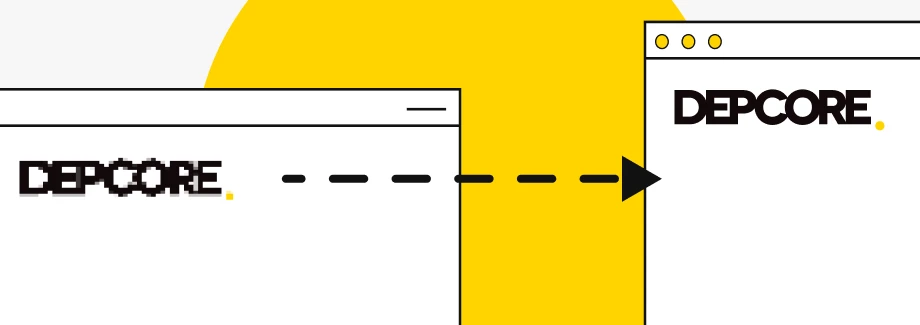 Pokazane są dwa okna przeglądarki; lewe wyświetla rozpikselowane logo DEPCORE, a przerywana strzałka wskazuje na prawe okno, które pokazuje wyraźne logo DEPCORE, ilustrujące lepszą przejrzystość lub jakość.