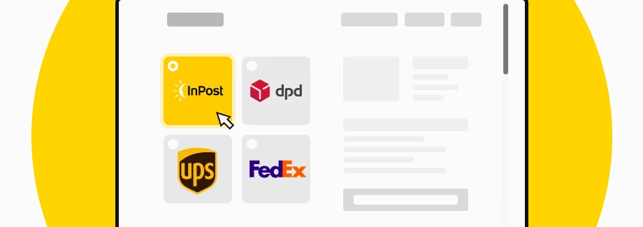 Ekran przedstawiający cztery opcje dostawy: InPost jest podświetlony, a kursor wskazuje na niego, a pozostałe opcje to DPD, UPS i FedEx. Tło jest w większości białe z żółtymi akcentami.