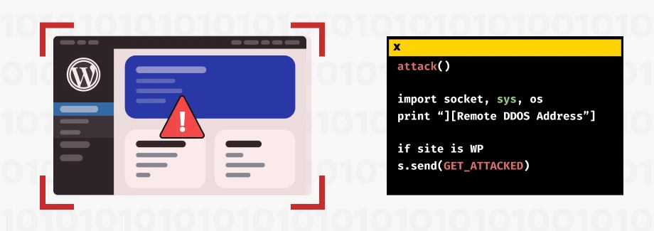 Ilustracja przedstawiająca witrynę WordPress z symbolem ostrzegawczym wraz z kodem symulującym zdalny atak DDoS na witryny WordPress.