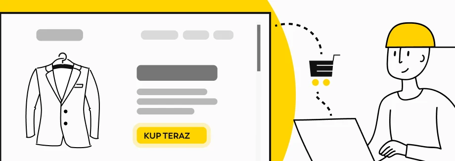 Ilustracja osoby kupującej garnitur online, z przyciskiem KUP TERAZ widocznym na ekranie i ikoną koszyka w tle. Projekt wykorzystuje kolory żółty, czarny i biały.