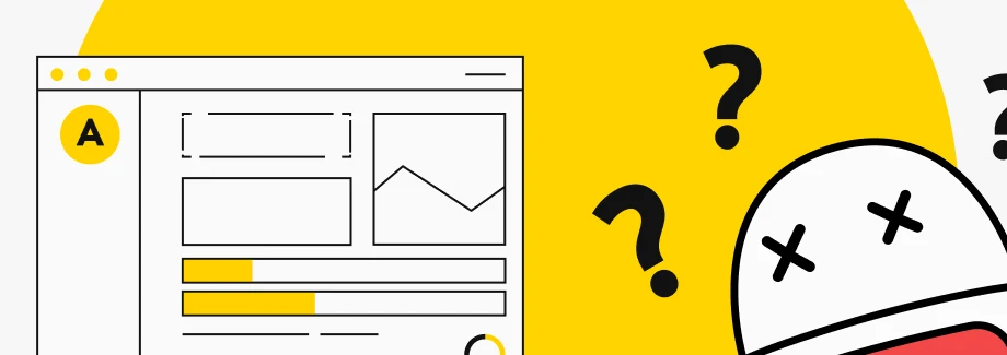 Cyfrowa ilustracja z częściowym oknem przeglądarki internetowej po lewej stronie i kreskówkową twarzą z oczami X i znakami zapytania po prawej stronie, na żółtym tle.