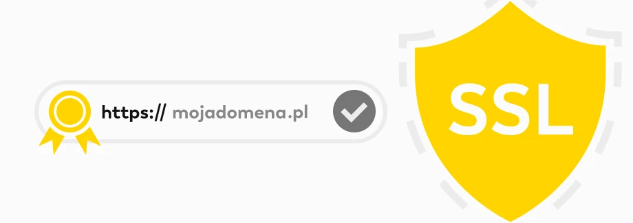 Pasek adresu przeglądarki pokazuje https://mojadomena.pl z plakietką bezpieczeństwa i znacznikiem wyboru, obok dużej żółtej tarczy oznaczonej SSL, symbolizującej bezpieczny certyfikat SSL.