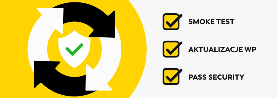 Okrągła czarno-biała grafika strzałki z tarczą i zielonym znacznikiem wyboru pośrodku, obok listy kontrolnej: Smoke Test, Aktualizacje WP, Pass Security - wszystkie zaznaczone. Tło jest żółto-białe.