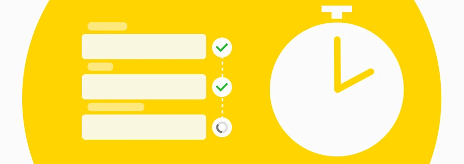 Ilustracja listy kontrolnej obok dużego zegara na żółtym tle. Niektóre pozycje listy kontrolnej są zaznaczone, jedna jest w toku. Tarcza zegara sugeruje zarządzanie czasem lub produktywność.