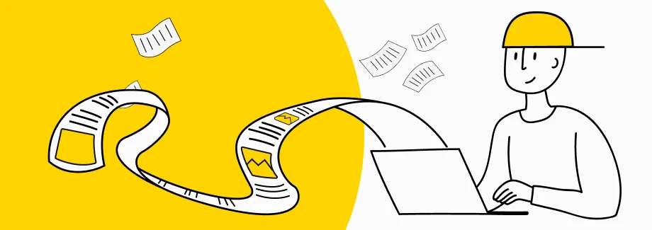 Ilustracja przedstawiająca osobę w żółtej czapce korzystającą z laptopa, z długim, krętym dokumentem zawierającym wykresy i obrazy płynące z ekranu, na żółto-białym tle.