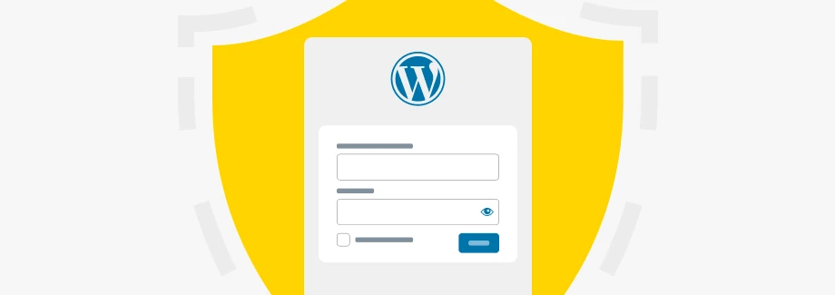 Ilustracja formularza logowania WordPress wyświetlanego przed dużą żółtą tarczą, symbolizującą bezpieczeństwo i ochronę strony internetowej.