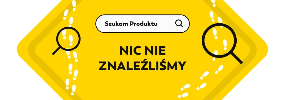 Żółta grafika z lupą, białymi śladami stóp i paskiem wyszukiwania. Polski tekst brzmi Nic nie znaleźliśmy.