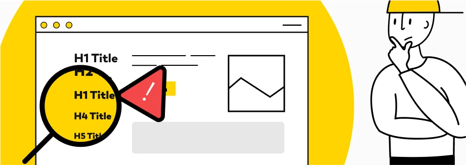 Ilustracja przedstawiająca osobę w kasku badającą układ strony internetowej z lupą podkreślającą różne teksty nagłówków, takie jak Tytuł H1 i Tytuł H2, na żółtym okrągłym tle.