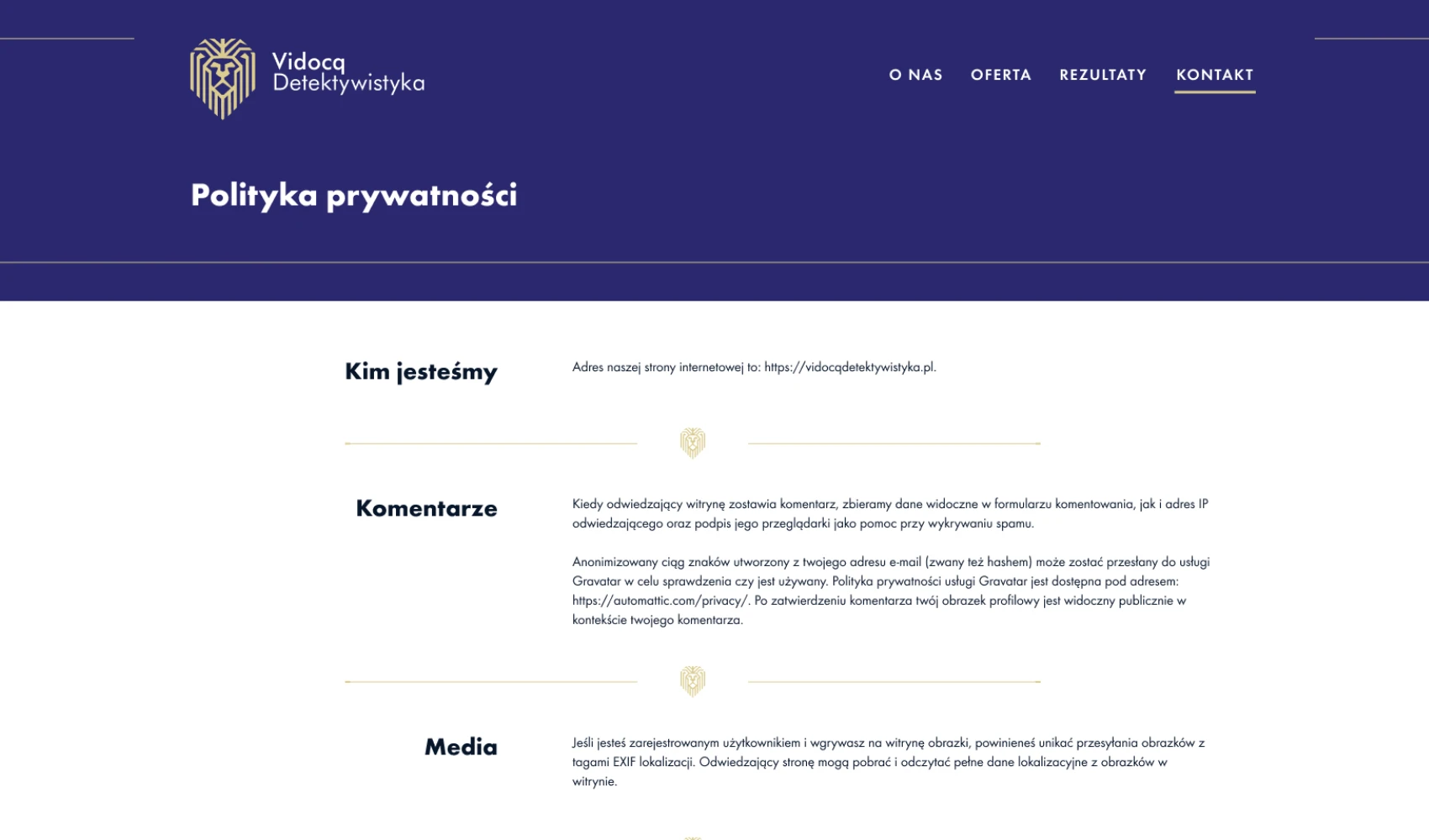 Strona internetowa Vidocq Detektywistyka